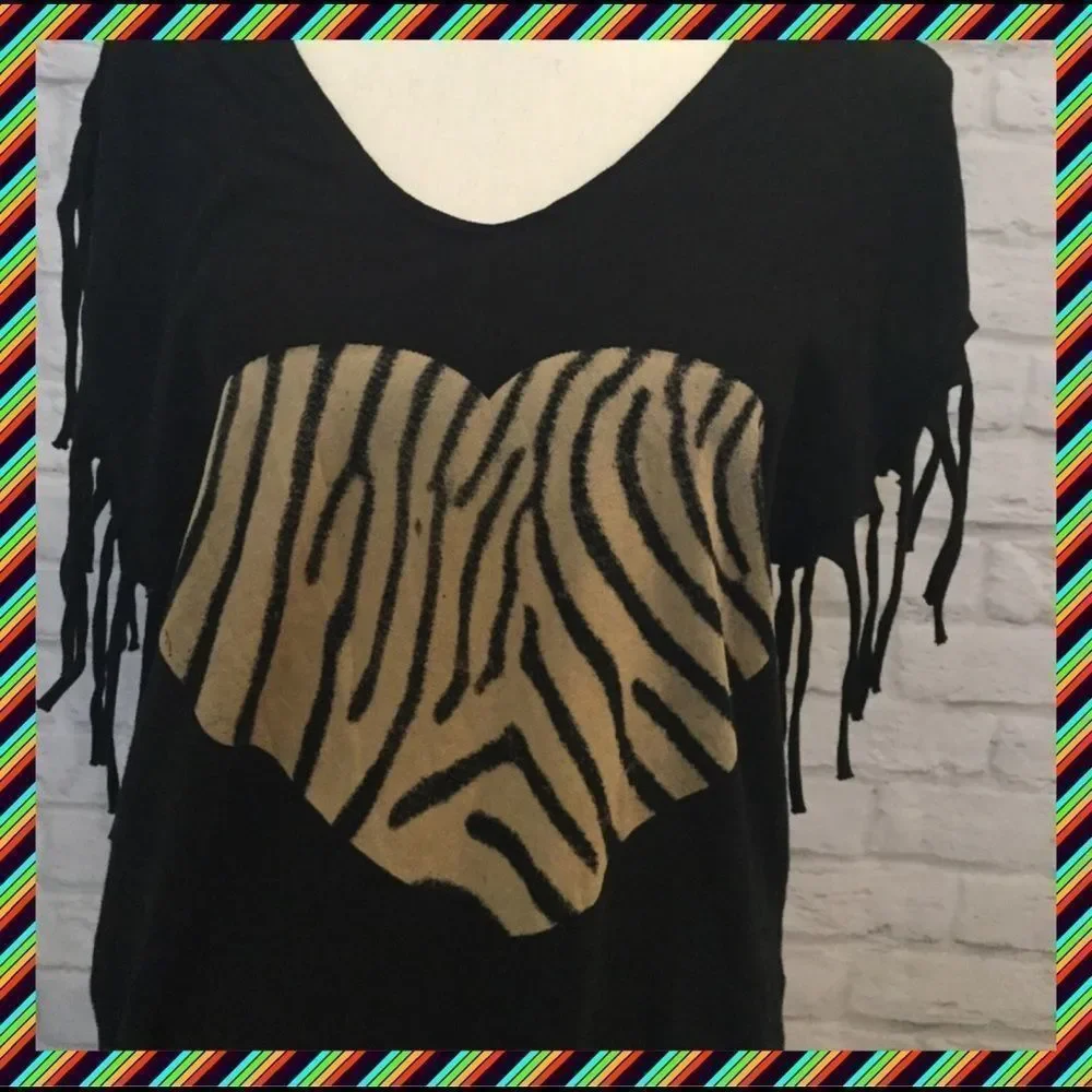 NWOT, Wildfox Oversized Fringe Tunic with Zebra Print Heart: Fits XS-M - Picture 3 of 7